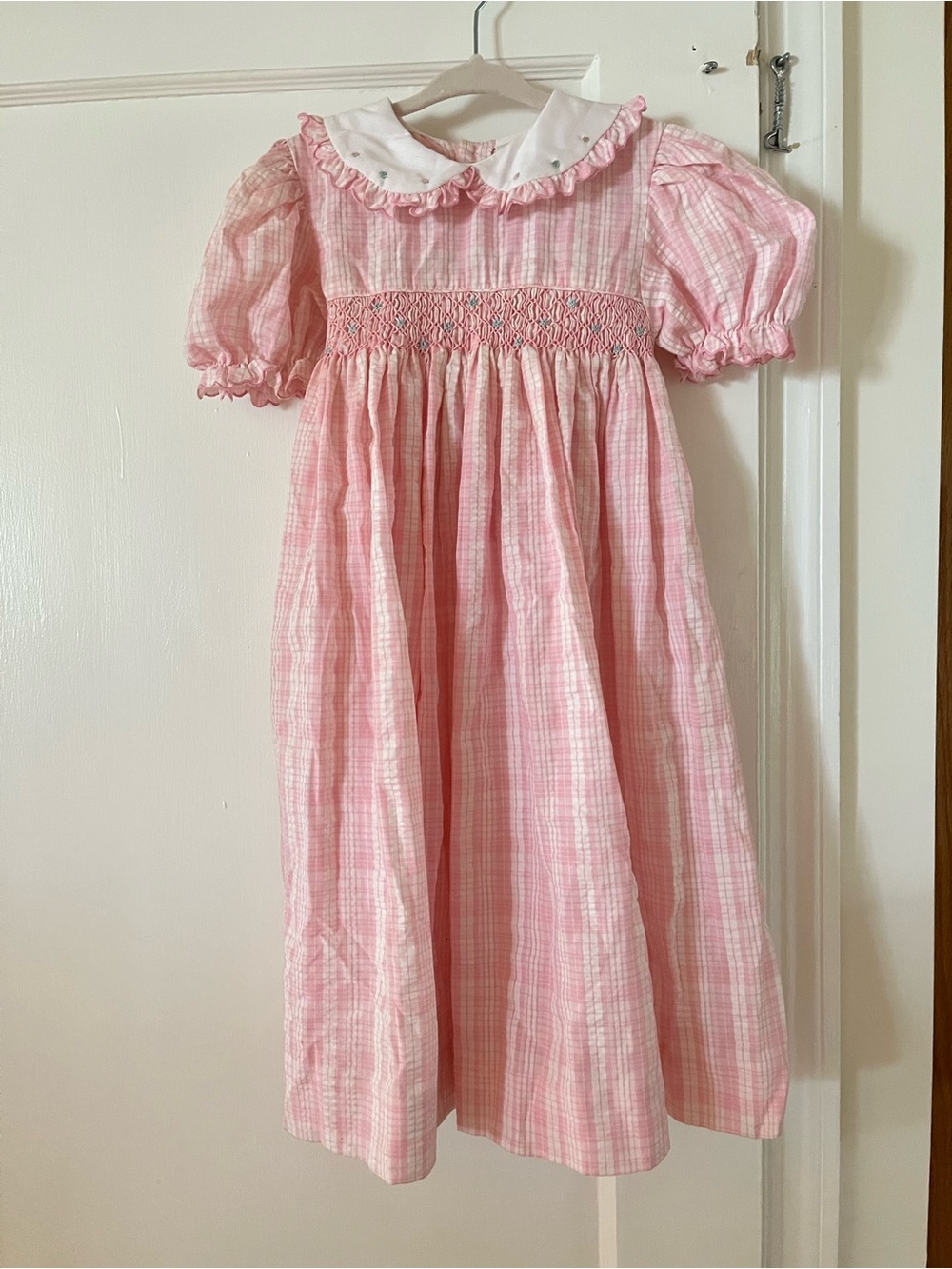 Sophie Dress Creations Paris Pink Plaid Smocked Peter Pan Collar with flowers 4T